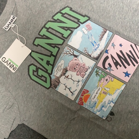 Ganni Grey Melange Teddy Bear comic strip Graphic Relaxed cotton Tee size Medium - Picture 2 of 6